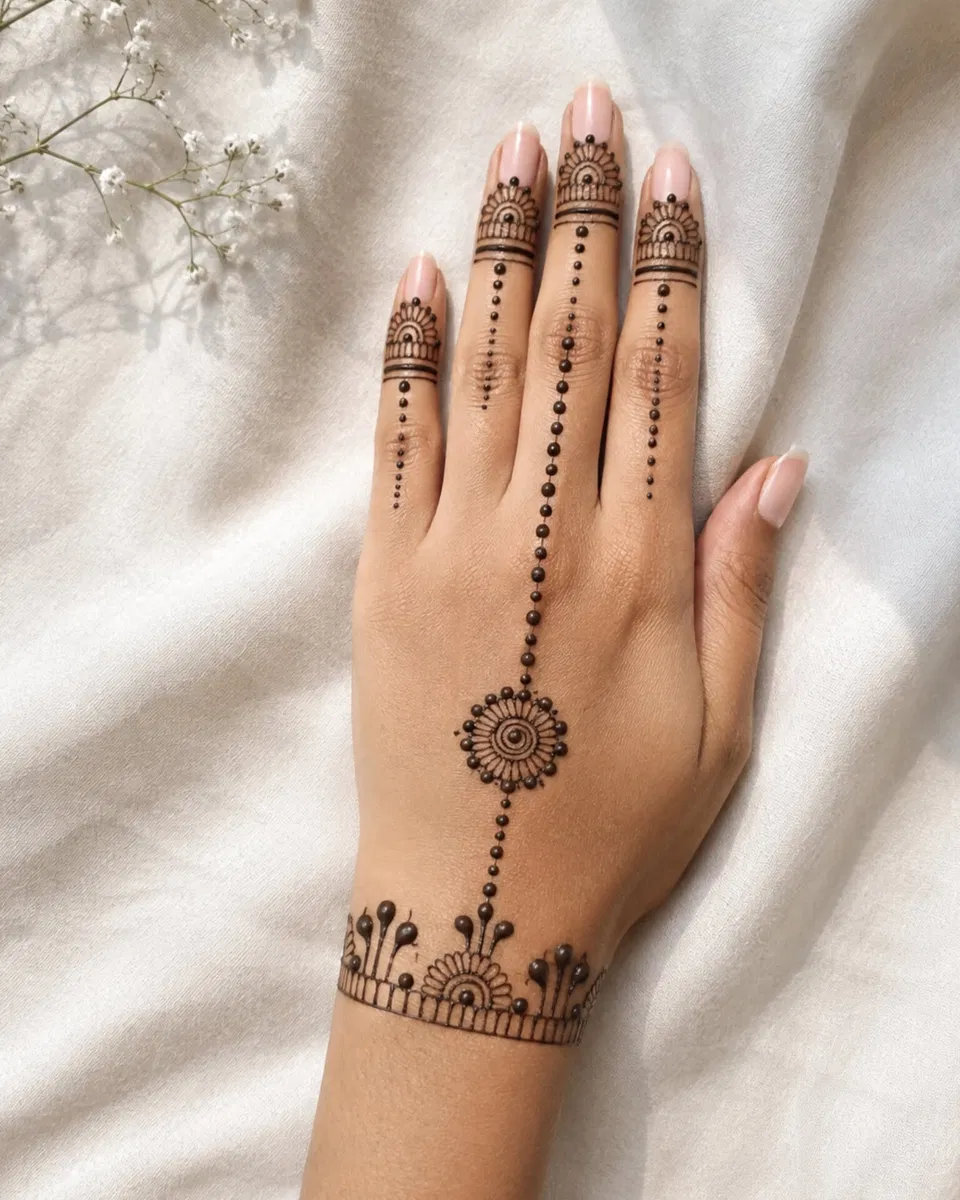 Bridal Minimal Back Hand Mehndi Design with Gol Tikki, Flowers and Jaal