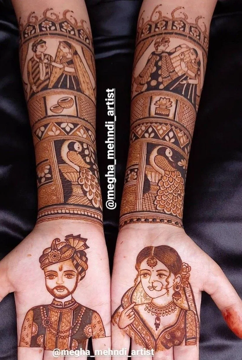 Bridal Full Hand Mehndi Design with Deity, Figures and Peacock