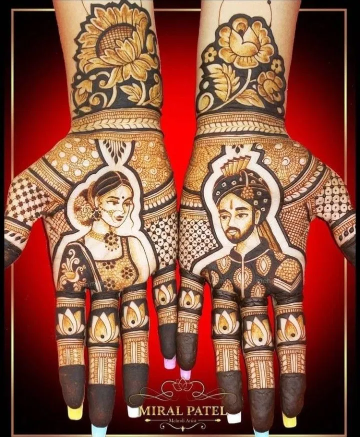 Bridal Back Hand Mehndi Design with Deity, Figures and Hearts (2)
