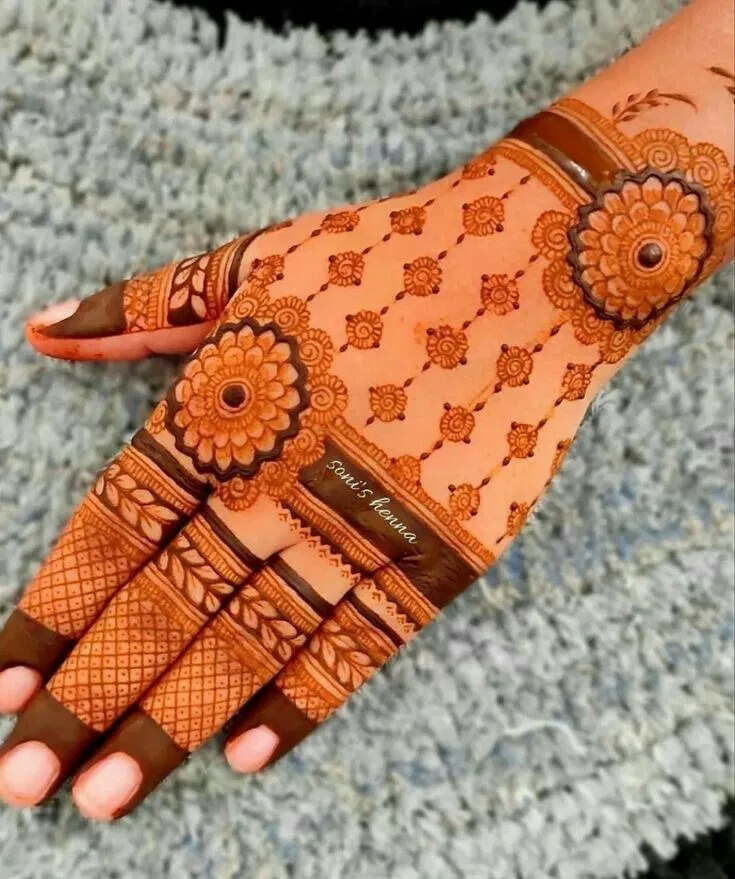 Simple Stylish Back Hand Mehndi Design with Flowers for Teej