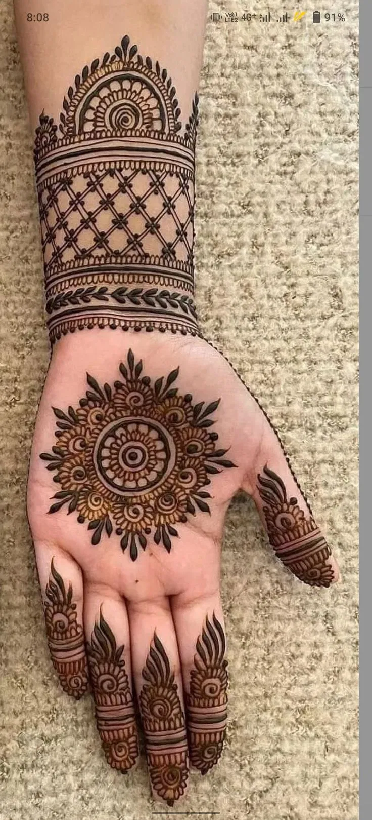 Aesthetic Bridal Front Hand Mehndi Design with Bel and Gol Tikki