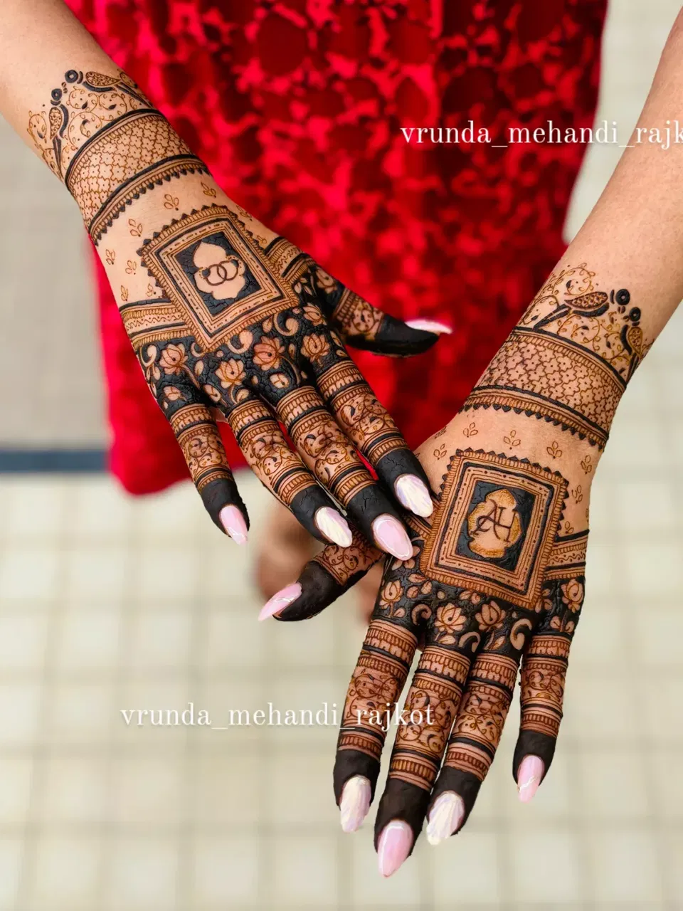 Aesthetic Bridal Back Hand Mehndi Design with Figures and Hearts for Engagement (2)