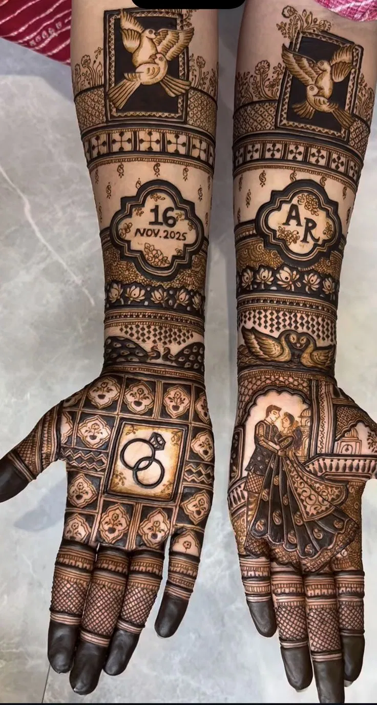 Aesthetic Arabic Full Hand Mehndi Design with Figures and Hidden Name