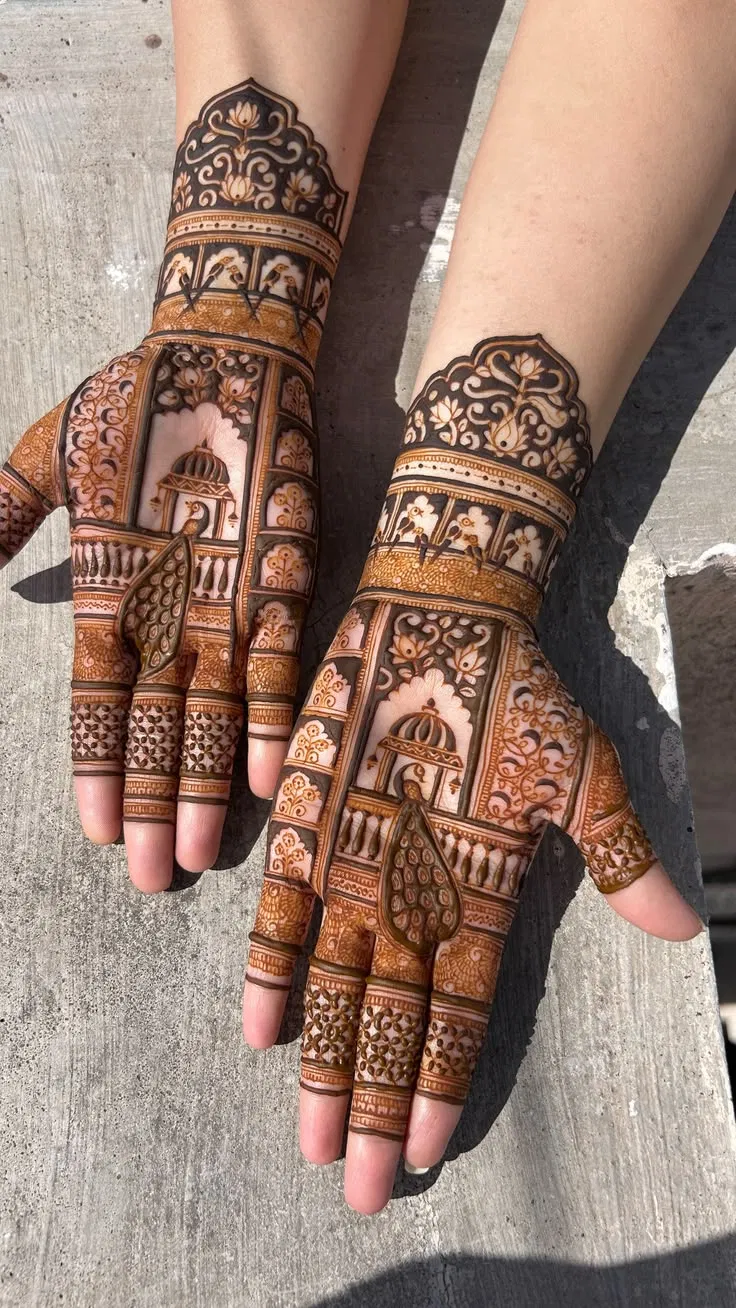 Aesthetic Bridal Back Hand Mehndi Design with Figures for Engagement (3)