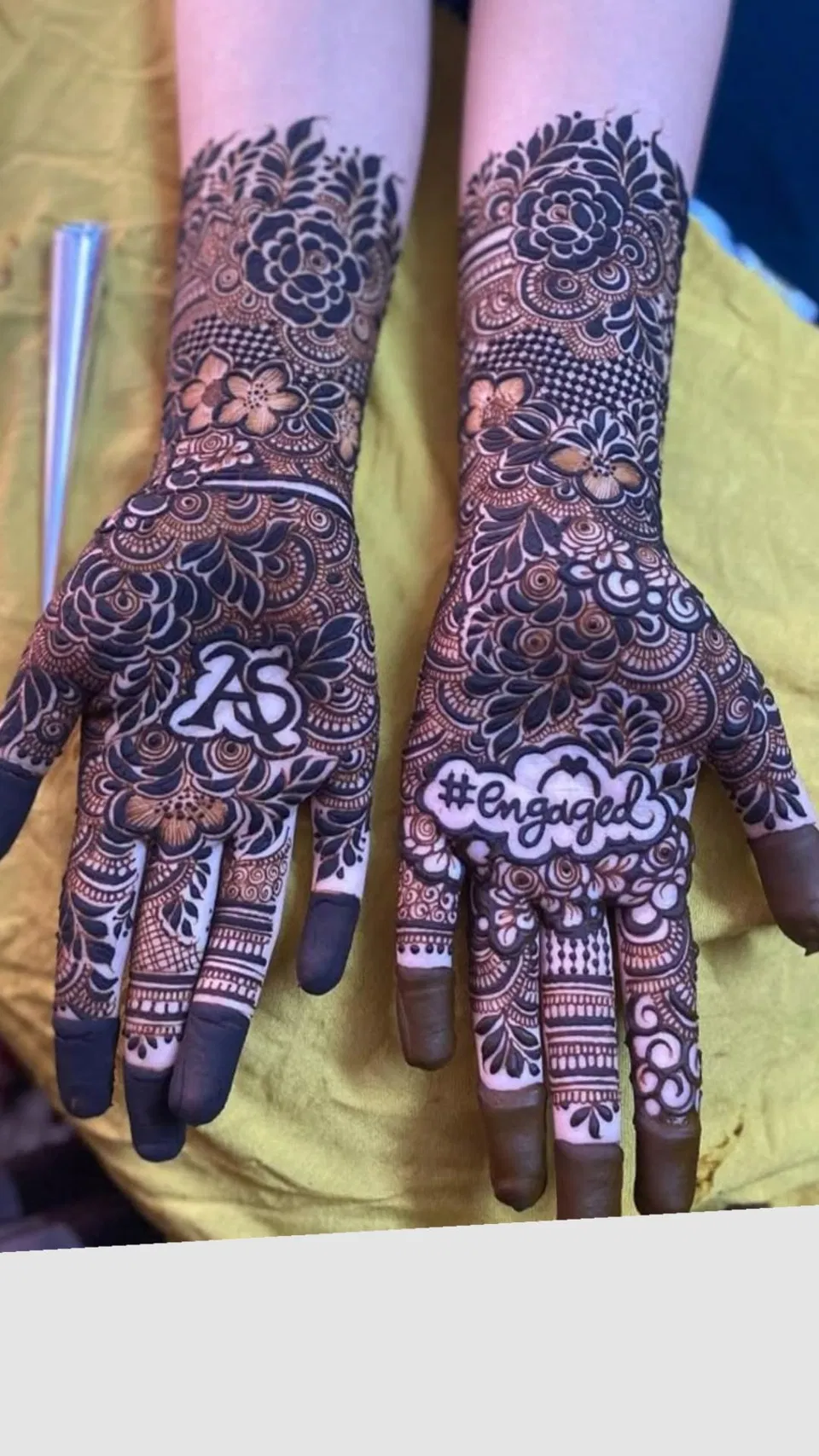 Bridal Simple Back Hand Mehndi Design with Figures and Hidden Name for Engagement