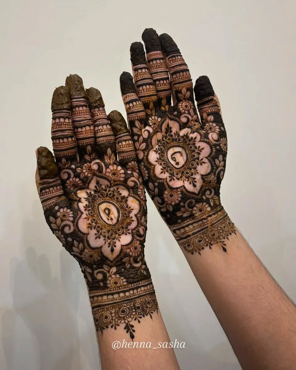 Bridal Stylish Mehndi Design with Figures and Hidden Name