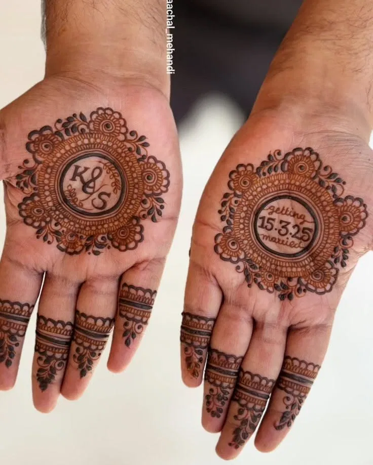 Royal Simple Back Hand Mehndi Design with Gol Tikki, Deity and Figures for Engagement