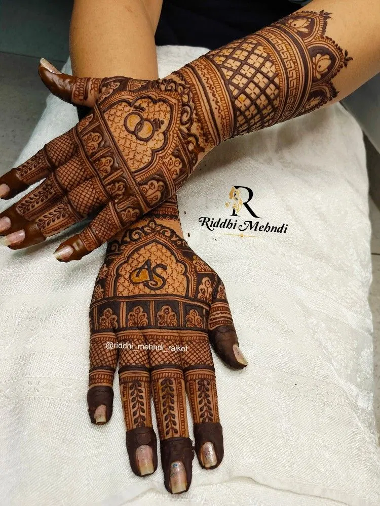 Bridal Stylish Back Hand Mehndi Design with Figures and Hearts for Engagement (3)