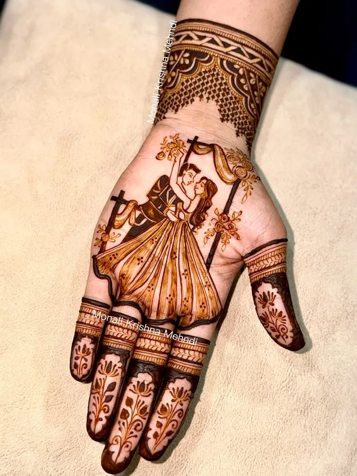 Bridal Stylish Front Hand Mehndi Design with Figures for Engagement (17)
