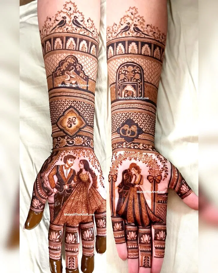 Bridal Stylish Full Hand Mehndi Design with Deity and Figures for Engagement