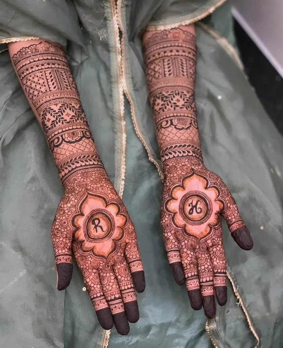 Bridal Simple Finger Mehndi Design with Figures and Hidden Name for Engagement