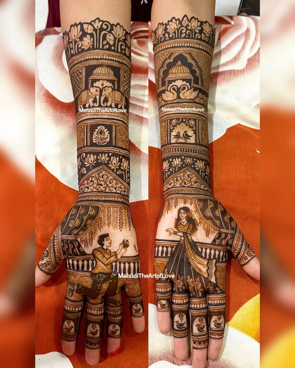 Bridal Stylish Back Hand Mehndi Design with Figures for Engagement (4)