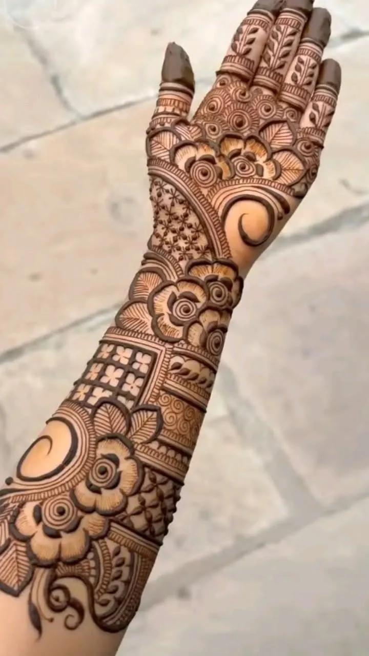 Arabic Bridal Arm Mehndi Design with Gol Tikki and Figures for Teej