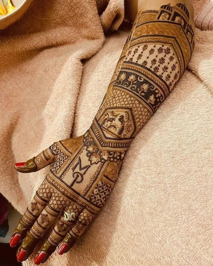 Bridal Stylish Back Hand Mehndi Design with Figures for Engagement (5)