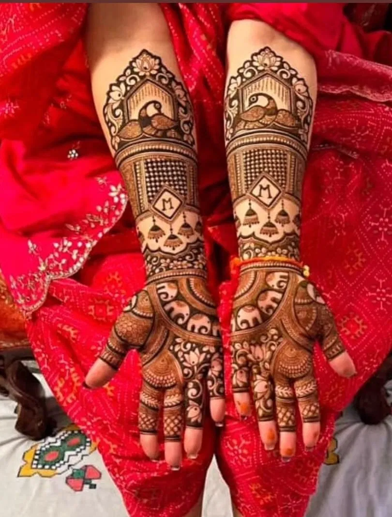 Bridal Indian Front Hand Mehndi Design with Figures and Hearts (2)