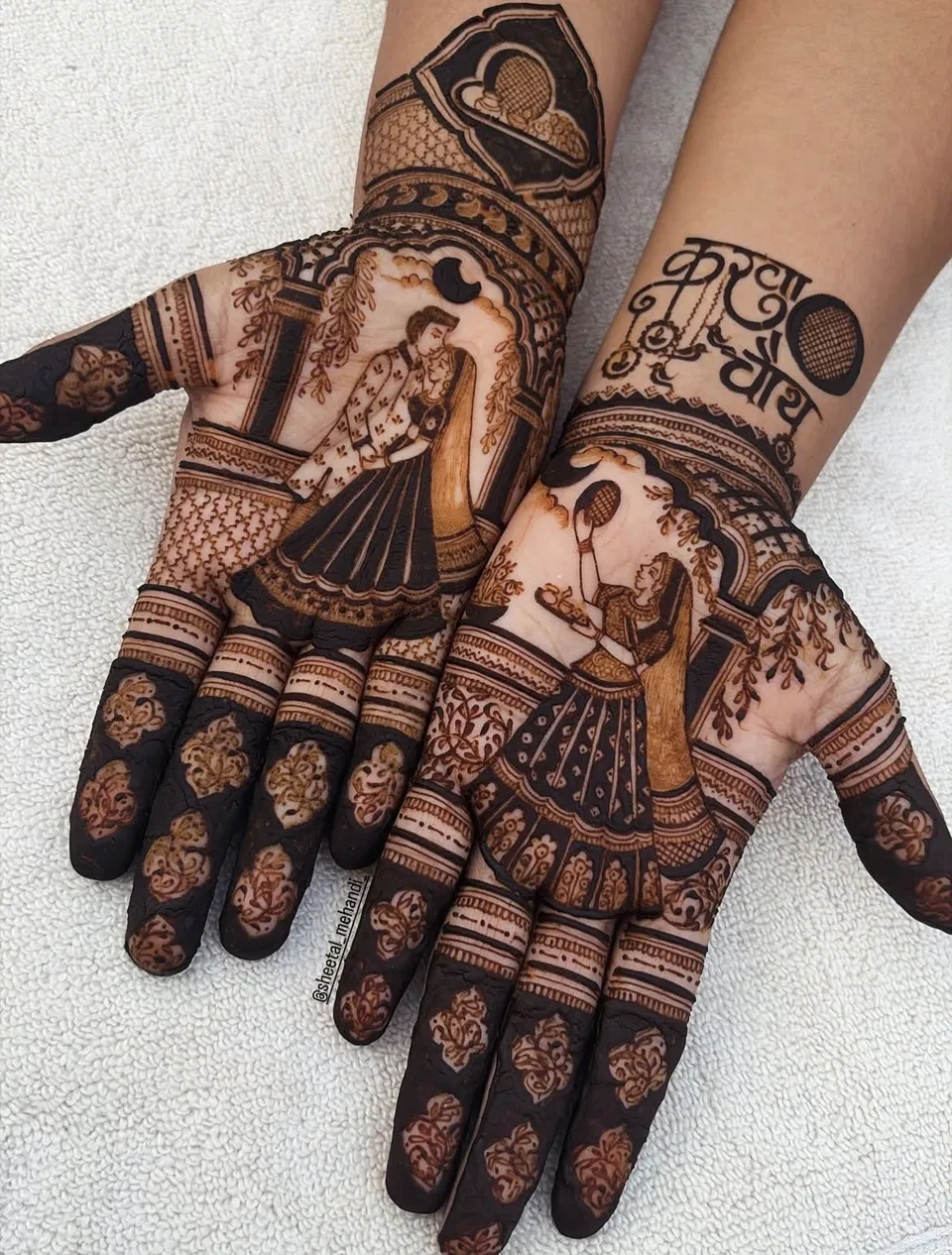 Bridal Back Hand Mehndi Design with Figures and Jaal for Karwa Chauth