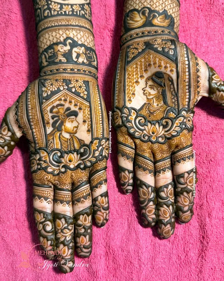 Bridal Front Hand Mehndi Design with Gol Tikki, Figures and Peacock