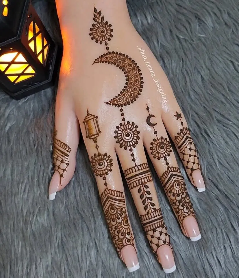 Simple Back Hand Mehndi Design with Moon for Eid