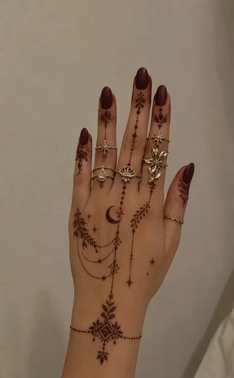 aesthetic arabic moon back hand mehndi design