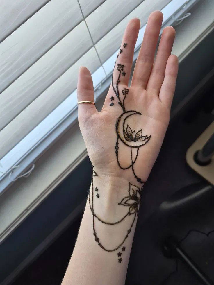 Aesthetic Arabic Arm Mehndi Design with Gol Tikki and Moon