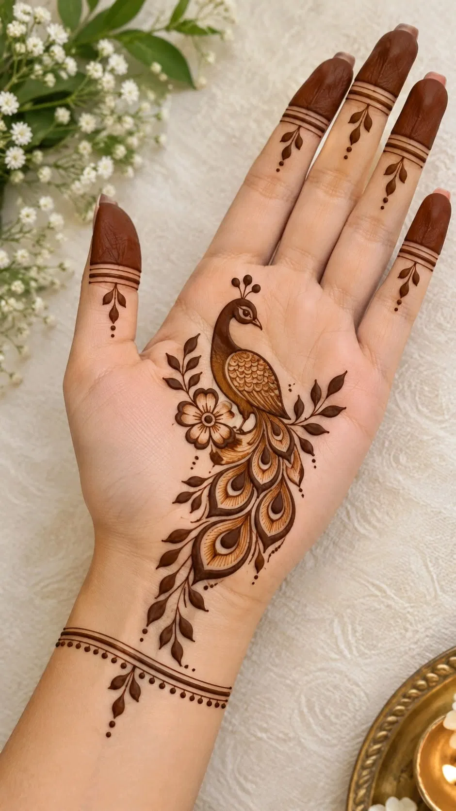 Arabic Simple Front Hand Mehndi Design with Gol Tikki, Flowers and Jaal (2)