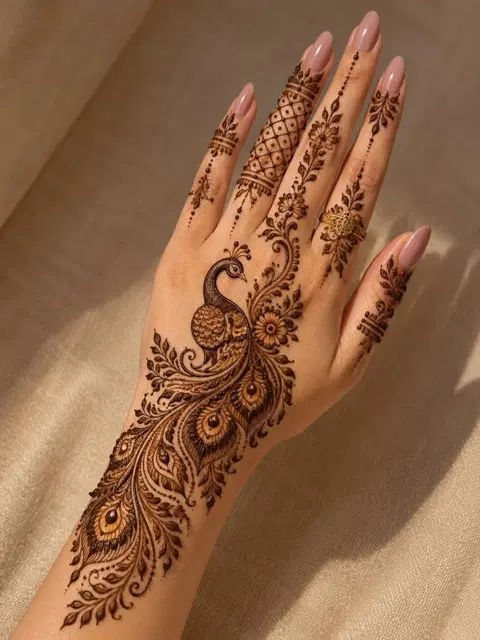 aesthetic arabic peacock back hand mehndi design