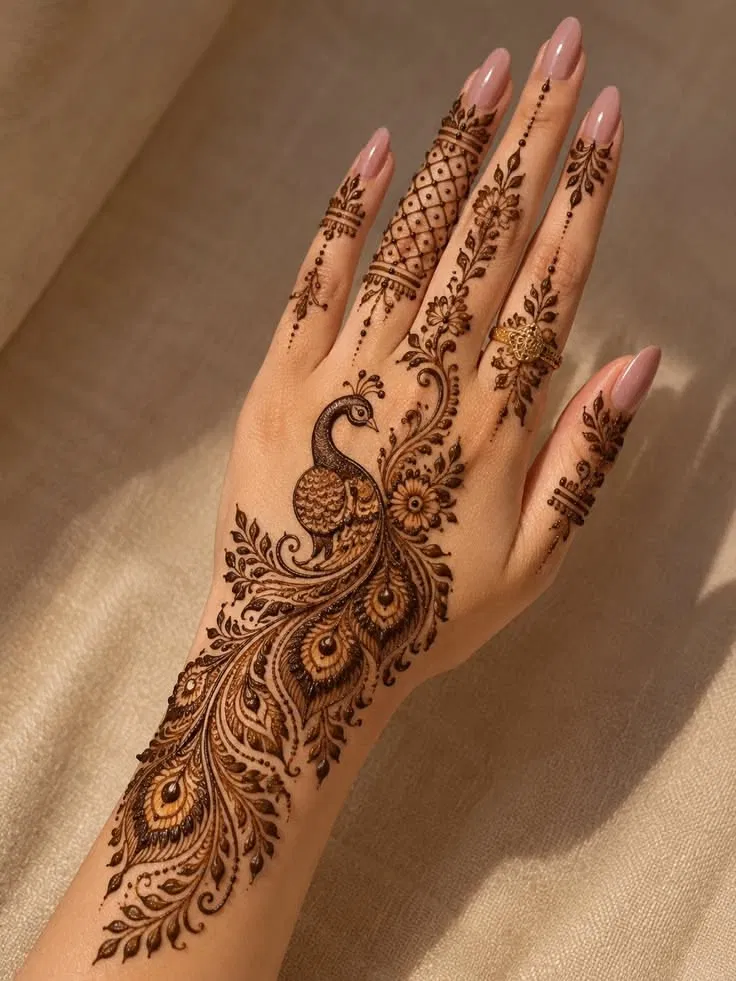 Aesthetic Arabic Back Hand Mehndi Design with Peacock for Diwali