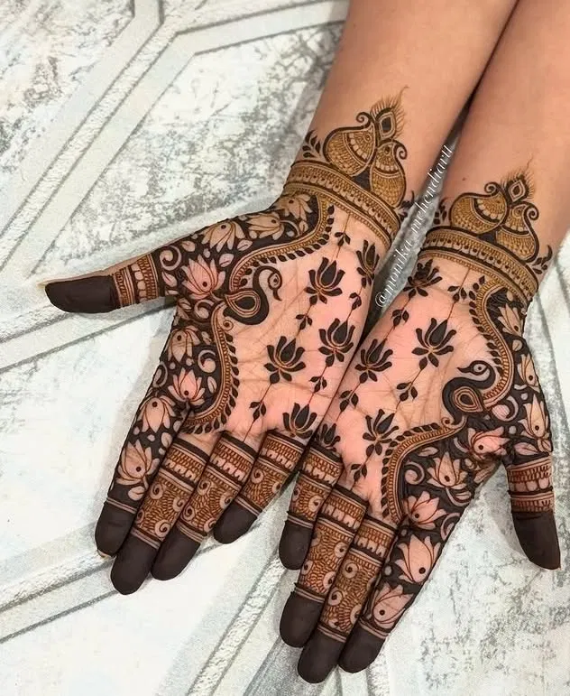 Bridal Royal Back Hand Mehndi Design with Lotus and Peacock