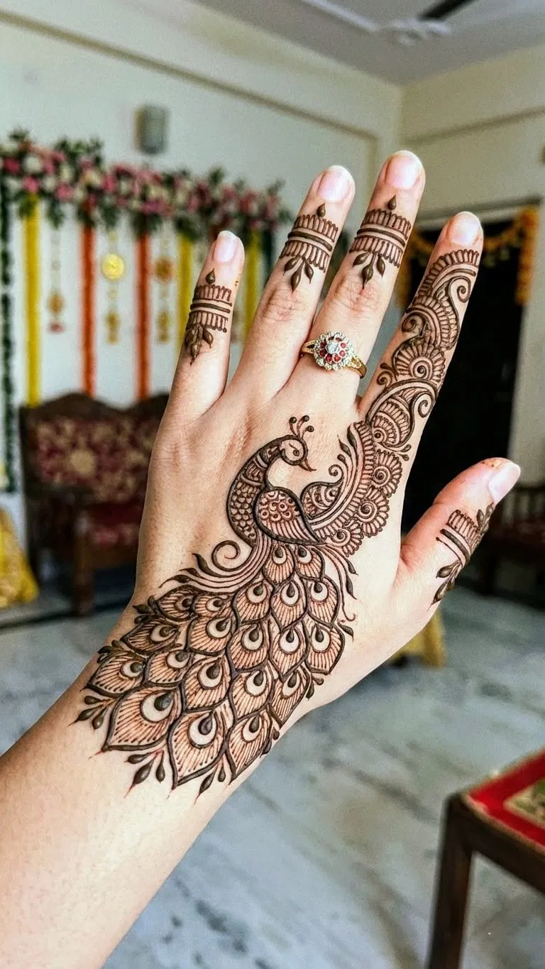 Bridal Royal Front Hand Mehndi Design with Peacock for Engagement