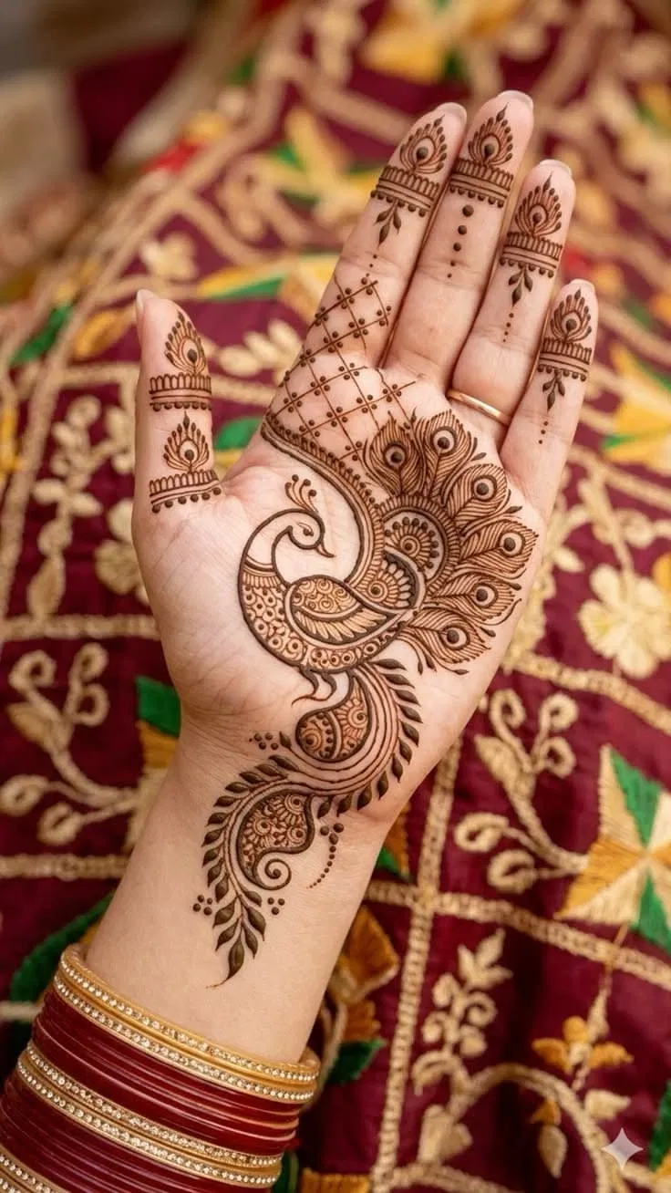 Indian Simple Front Hand Mehndi Design with Peacock