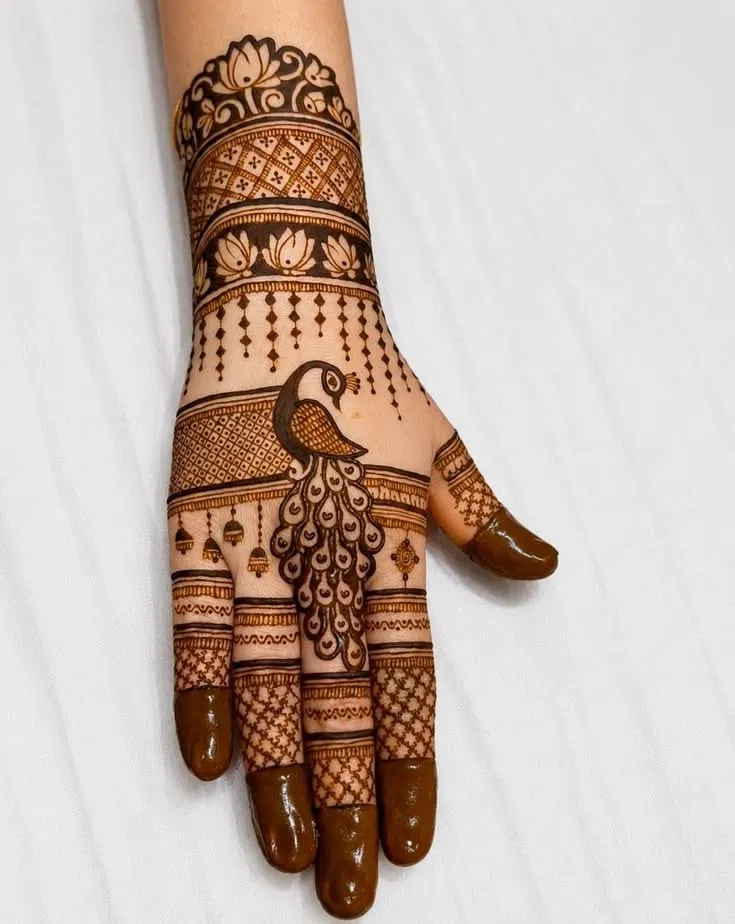 Bridal Indian Back Hand Mehndi Design with Peacock for Teej (2)