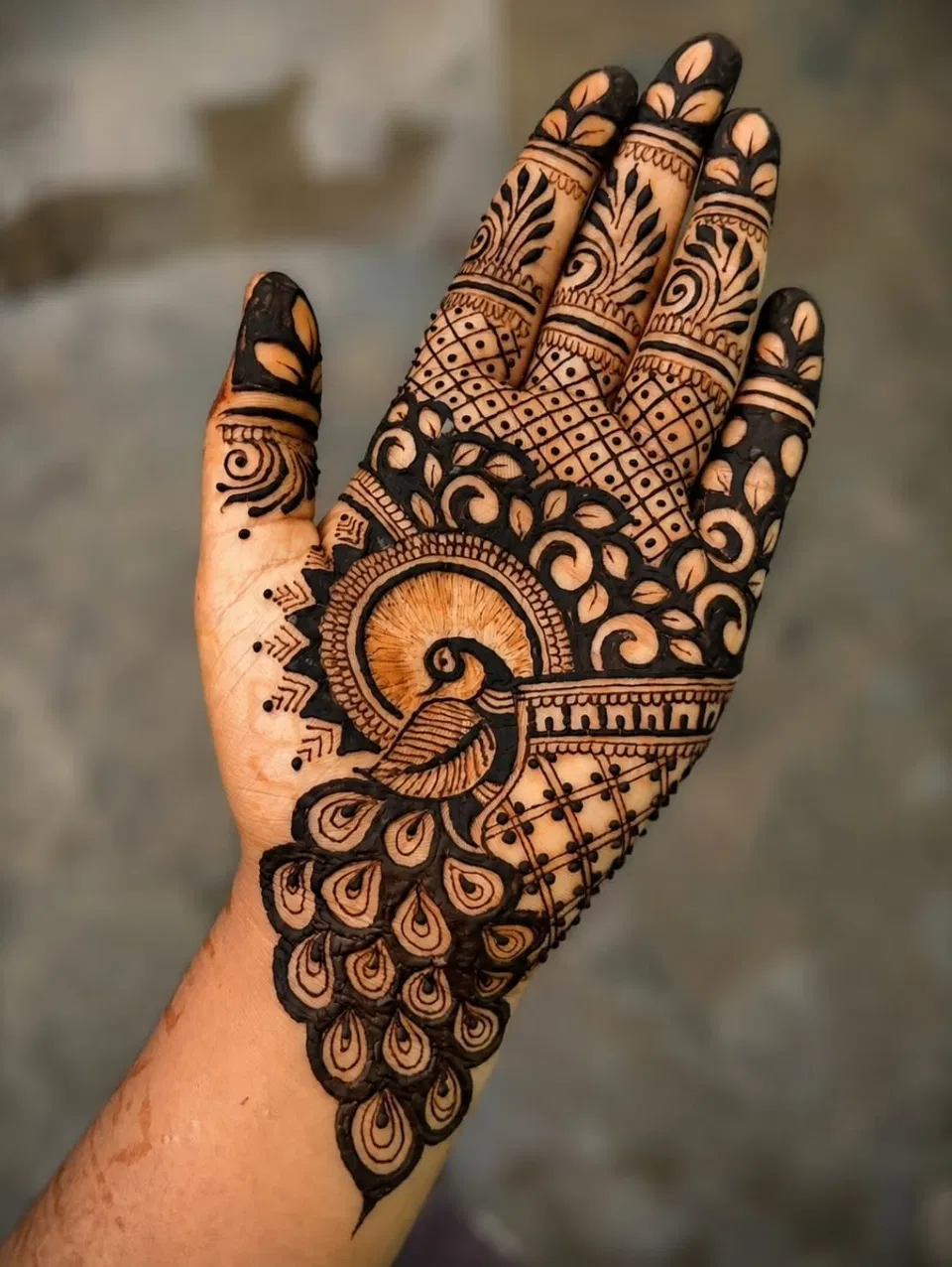Bridal Indian Front Hand Mehndi Design with Peacock for Teej