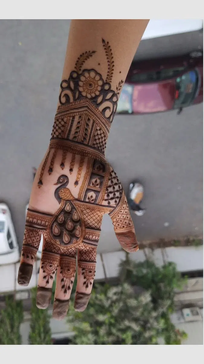 Indian Stylish Front Hand Mehndi Design with Peacock