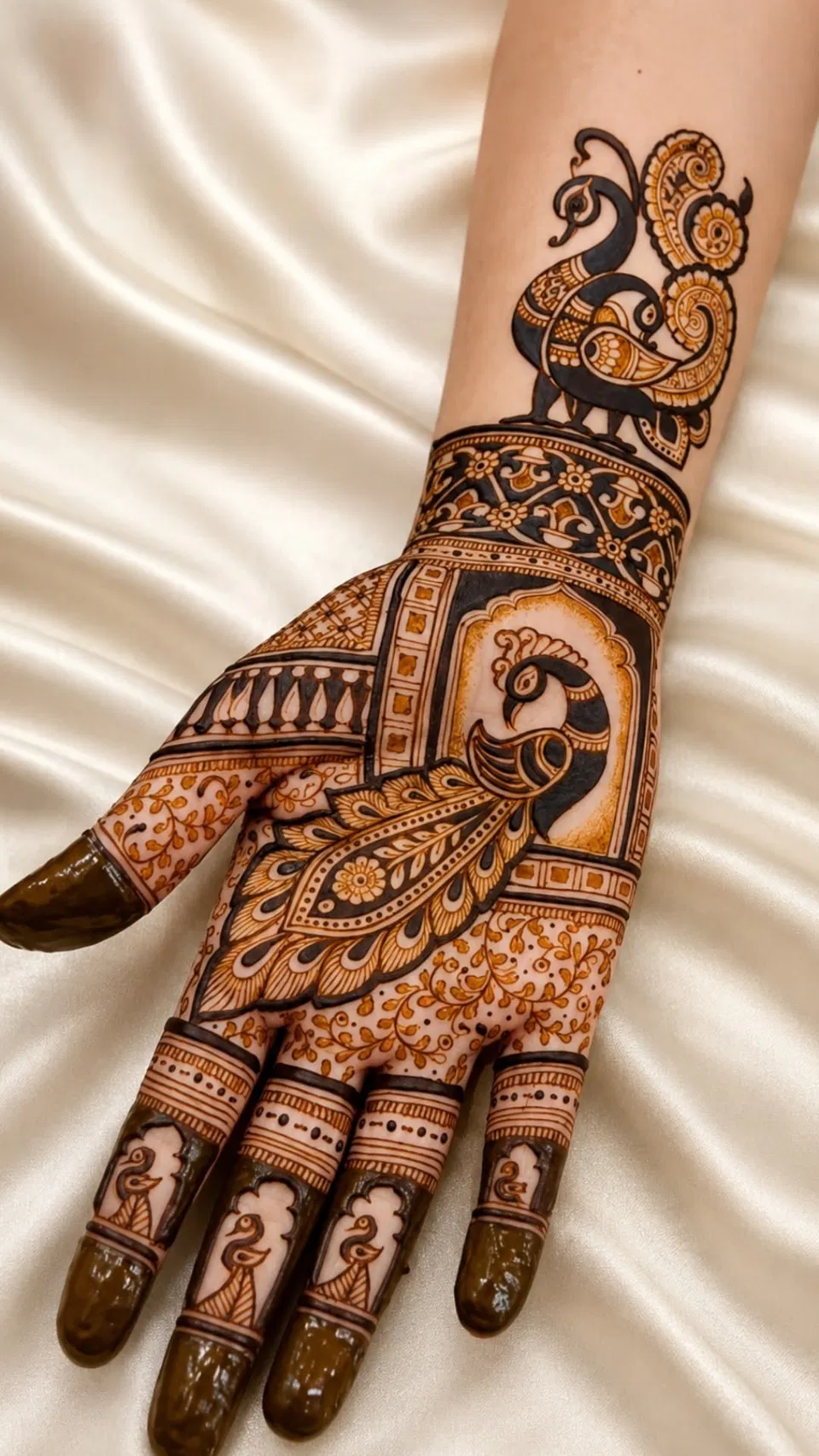 Bridal Indian Front Hand Mehndi Design with Peacock for Engagement
