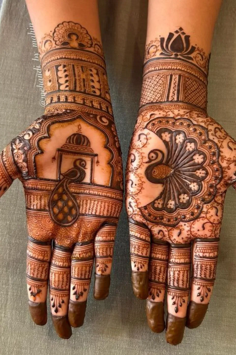 Aesthetic Bridal Back Hand Mehndi Design with Figures and Peacock (2)