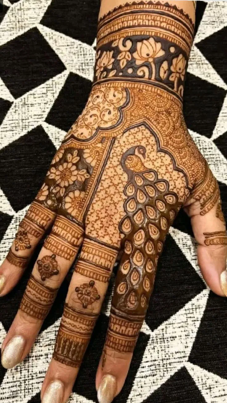 Bridal Indian Back Hand Mehndi Design with Peacock for Teej (3)