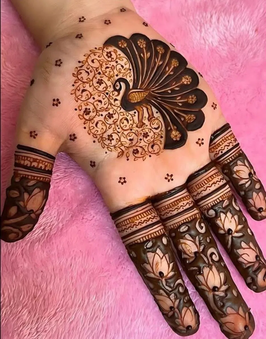 Aesthetic Indian Back Hand Mehndi Design with Deity and Moon