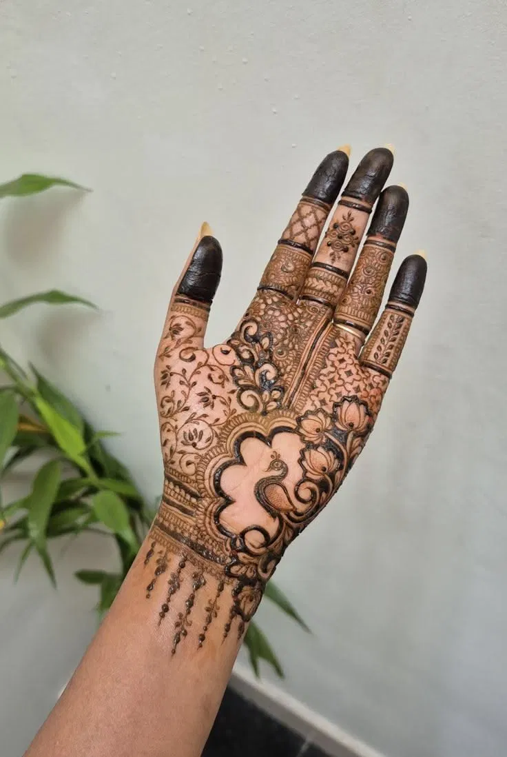 Aesthetic Bridal Front Hand Mehndi Design with Lotus and Peacock