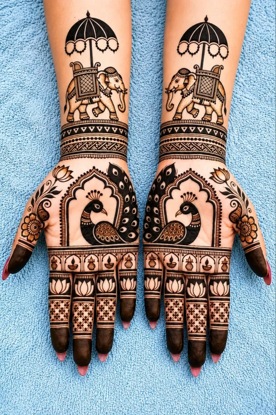 Bridal Indian Back Hand Mehndi Design with Figures, Jaal and Peacock