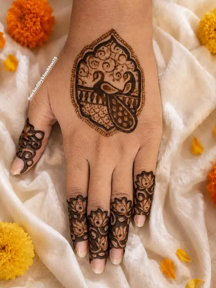 Bridal Royal Back Hand Mehndi Design with Gol Tikki, Flowers and Jaal
