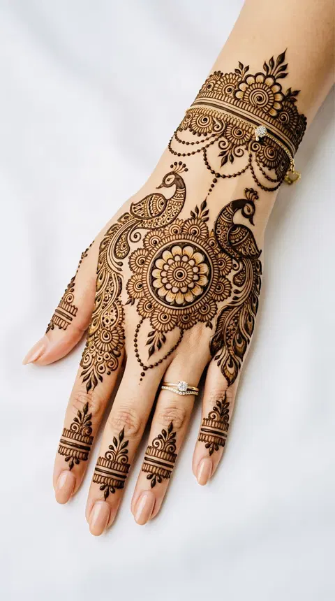 royal stylish peacock back hand mehndi design