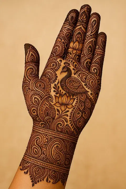 bridal stylish peacock front hand mehndi design