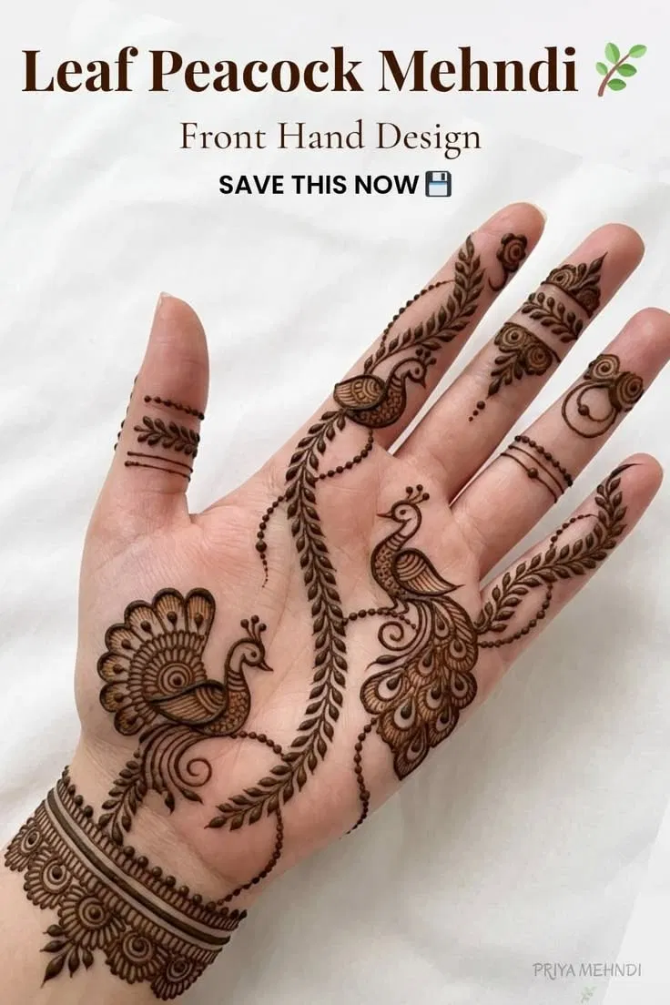 Simple Front Hand Mehndi Design with Jaal and Peacock
