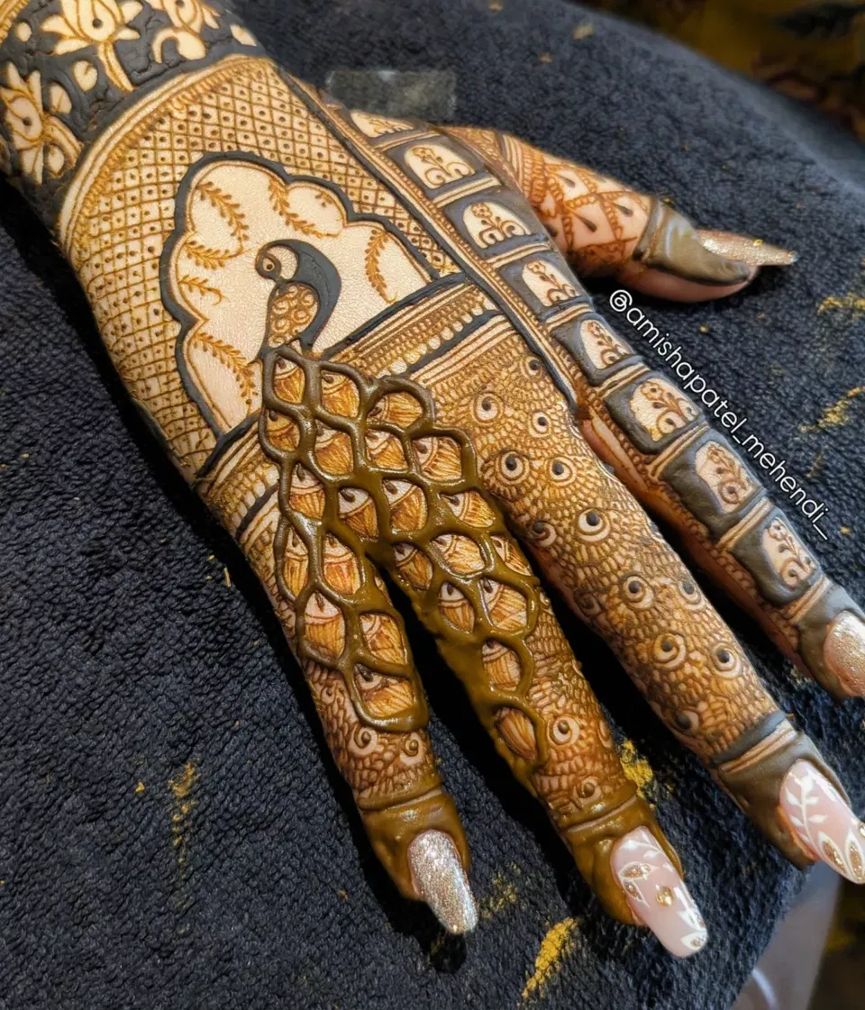 Heavy Indian Stylish Back Hand Mehndi Design with Peacock