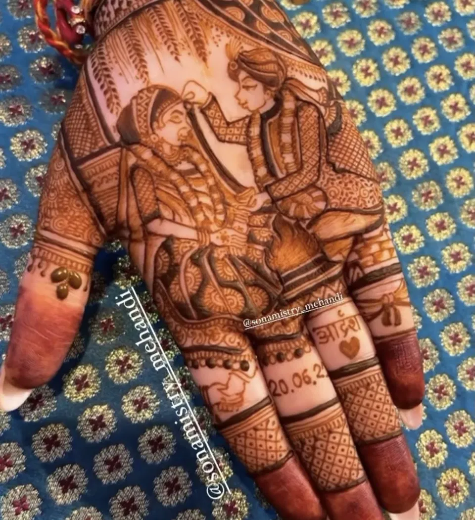 Bridal Stylish Back Hand Mehndi Design with Deity and Figures for Karwa Chauth (2)