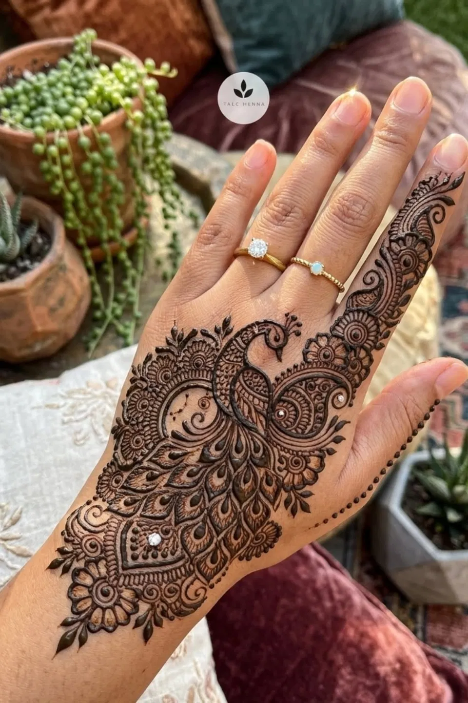 Indian Royal Back Hand Mehndi Design with Gol Tikki and Peacock