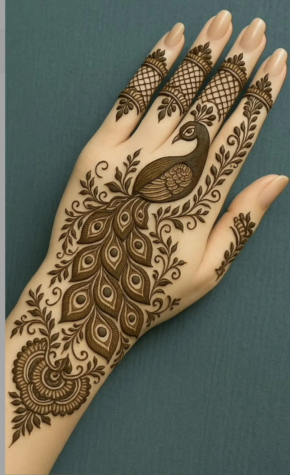 Arabic Indian Front Hand Mehndi Design with Jaal and Peacock