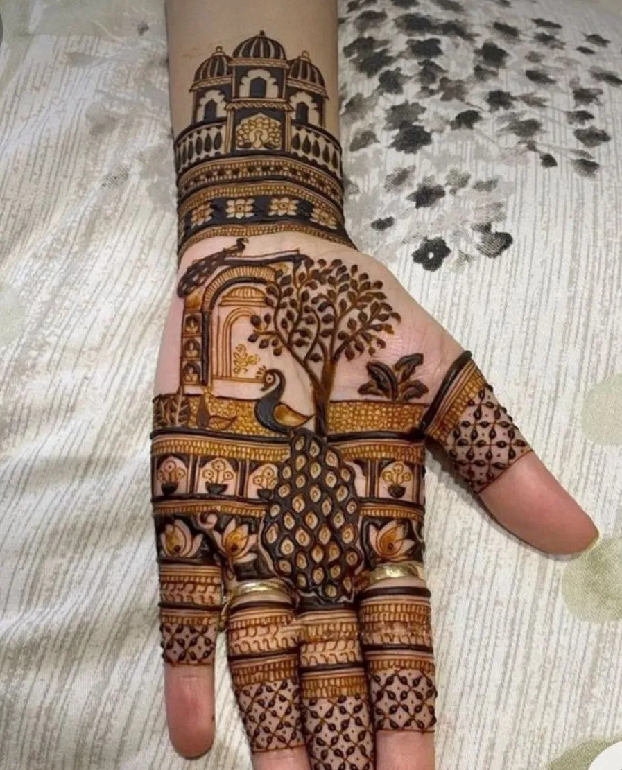 Bridal Indian Front Hand Mehndi Design with Peacock (3)