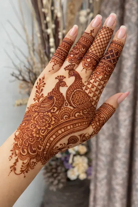 bridal royal peacock back hand mehndi design