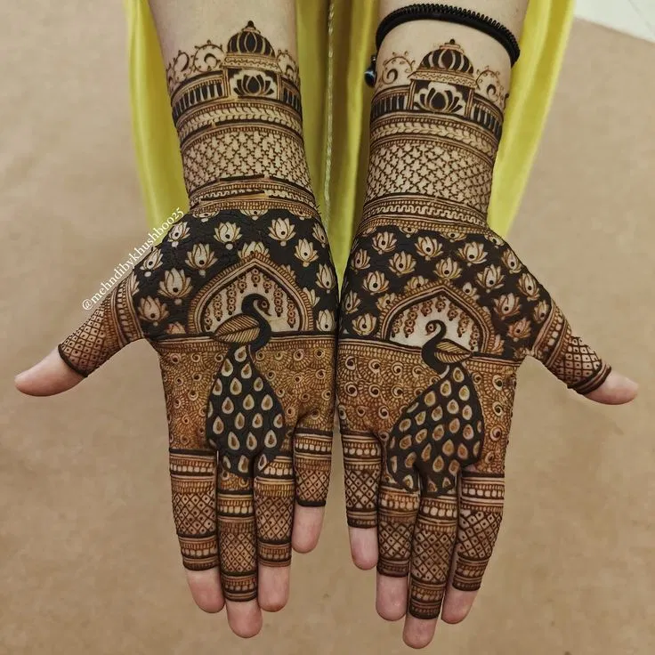 Bridal Royal Full Hand Mehndi Design with Flowers and Peacock for Engagement (2)